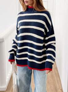 EURMUSE Women Stripe Pattern Mock Neck Drop Shoulder Pullover - Multicolor - View 4