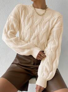 Flirla Cable Knit Drop Shoulder Sweater,Long Sleeve Tops Knit Pullover Fall Winter Outfit