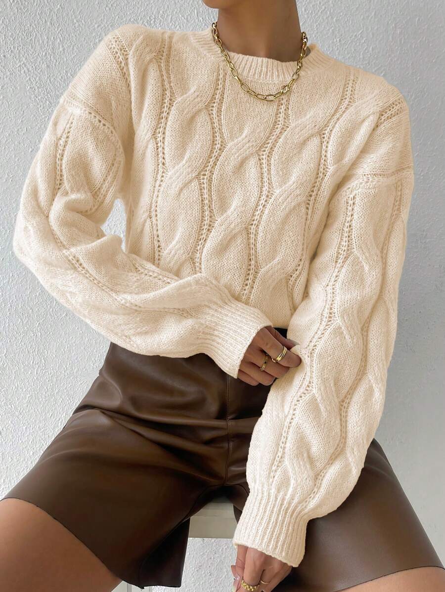 Flirla Cable Knit Drop Shoulder Sweater,Long Sleeve Tops Knit Pullover Fall Winter Outfit