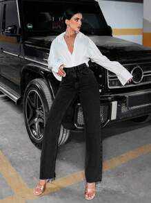 EURMUSE 100%Cotton Straight Leg Water Washing Jeans - Black - View 3