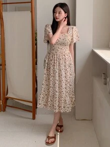 DAZY 女士花卉方领荷叶边及膝连衣裙，挤奶女工风格吊带裙，度假装扮，复活节波西米亚风 - 彩色 - 查看 4