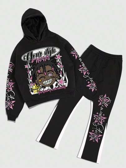 Street Life Sudadera con capucha de estilo hip hop para hombres con estampado de letras de dibujos animados y conjunto de chándal a juego con color de contraste