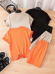 Buy 4 Get 2 Free, 6pcs/Set Tween Boy Casual Solid Color Letter Graphic Short Sleeve Crew Neck T-Shirt And Elastic Waist Shorts Clothes Set, Suitable For Autumn, Spring, Summer, Suitable For Outdoor Play, School, Street Style, Parties And Home Leisure, High Cost-Performance