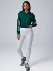 SHEIN Unity 女士字母印花连帽短款卫衣，秋季休闲套头衫 - 綠色 - 查看 6