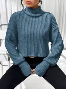 SHEIN Essnce Women's Solid Color Turtleneck Long Sleeve Simple Ribbed T-Shirt, Casual Everyday Wear