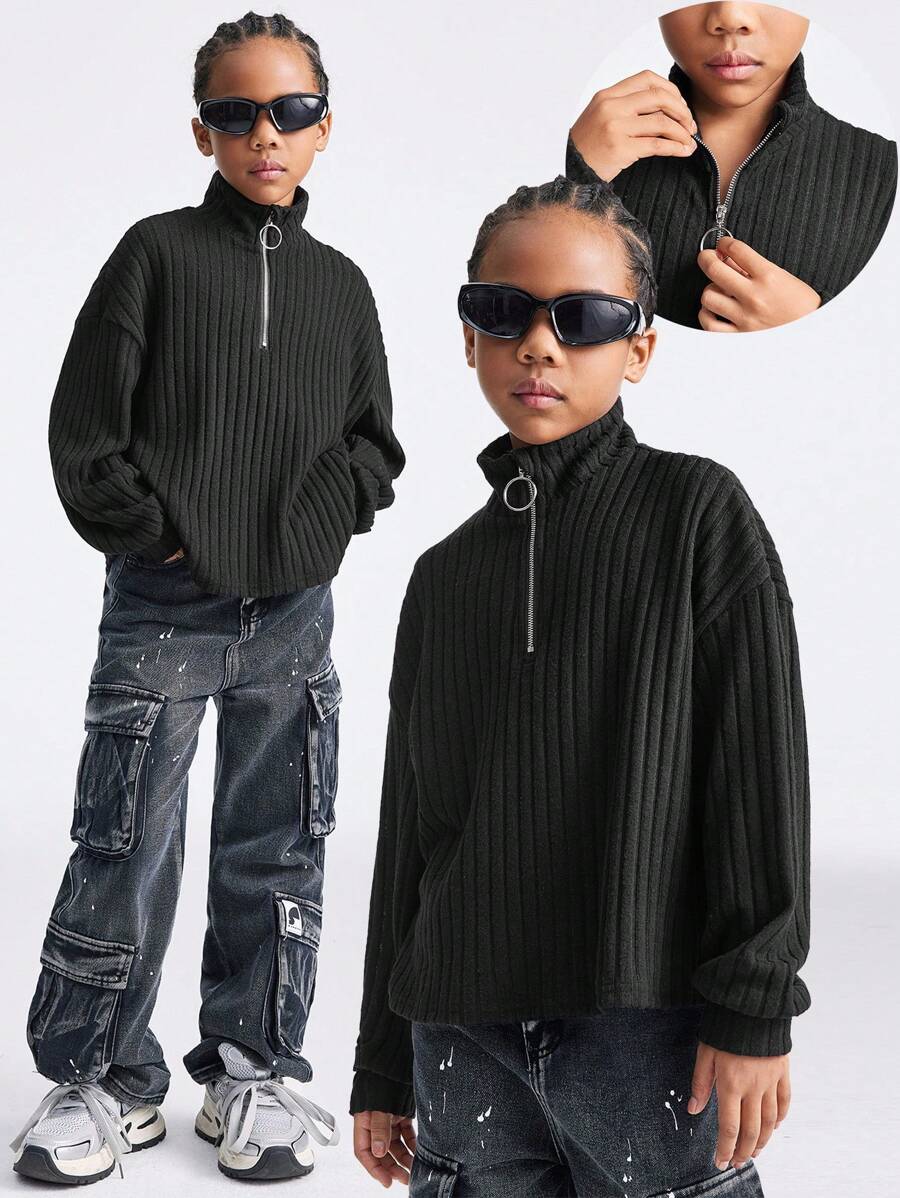 SHEIN Tween 女孩秋冬返校/基本款针织罗纹针织四分之一拉链黑色宽松高领 T 恤 - 黑色 - 查看 1