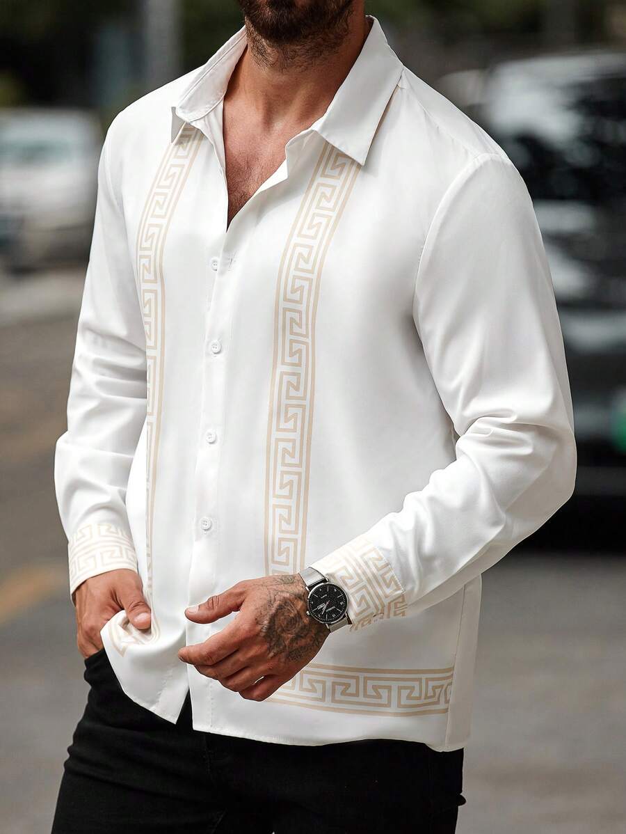 Manfinity LEGND Plus Size Men's Front Button Long Sleeve Printed Casual Shirt - White - View 1