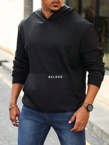 Manfinity Homme 男士加大码字母印花口袋休闲连帽衫，简约设计外出长袖连帽衫，适合朋友、丈夫、男朋友的礼物 - 黑色 - 查看 4