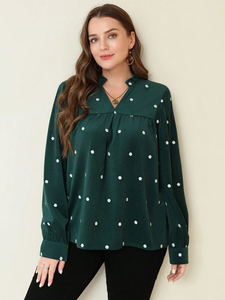 SHEIN Clasi 大码绿色灯芯绒 V 领 6 瓣花刺绣衬衫 - 綠色 - 查看 1