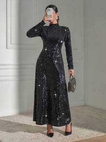 EURMUSE Women Black Sequin Long Sleeve Casual Daily Woman Dress, For New Year - Black - View 1