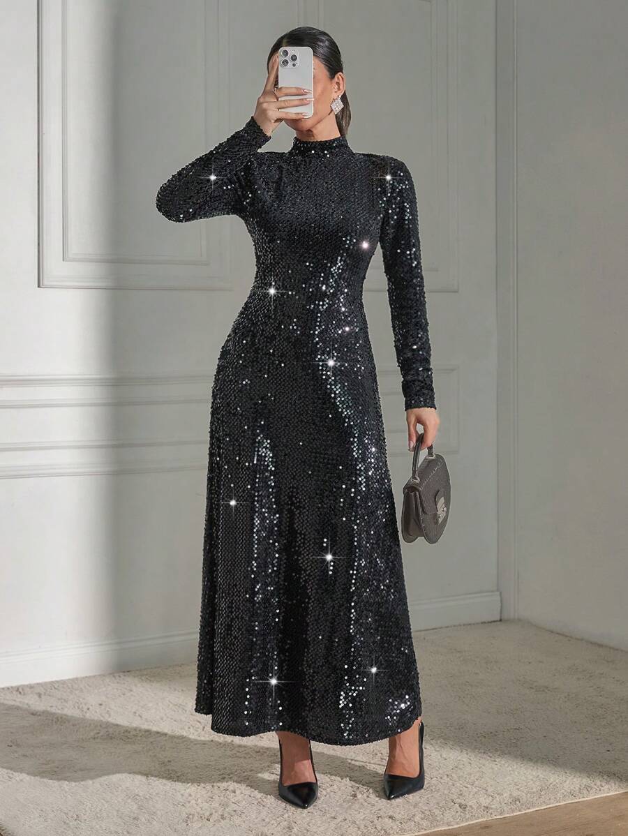 EURMUSE Women Black Sequin Long Sleeve Casual Daily Woman Dress, For New Year - Black - View 1