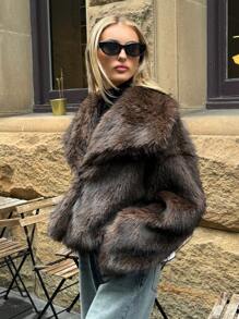 Aloruh Women's Winter Coat, Elegant Commuter Warm And Cold-Proof Coat, Brown Fur Coat  Chocolate Color Party  Fur Oversized Fluffy Collar Long Sleeve Dual-Tone Jacket, Autumn/Winter