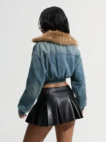 SHEIN ICON Women Detachable Fluffy Collar Elasticized Detail Padded Denim Jacket - Blue - View 4