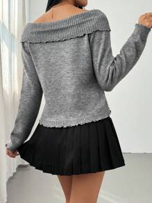 Chiquease Women Frill Trim V-Neck Crossed Front Long Sleeve Knit Pullover Sweater Fall Winter - Dark Grey - View 2