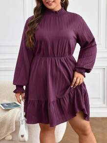 SHEIN Frenchy Plus Size Vrouwen Effen Kleur Ruffle-Trim Kraag Lange Mouw Volant Trim Casual Jurk, Herfst
