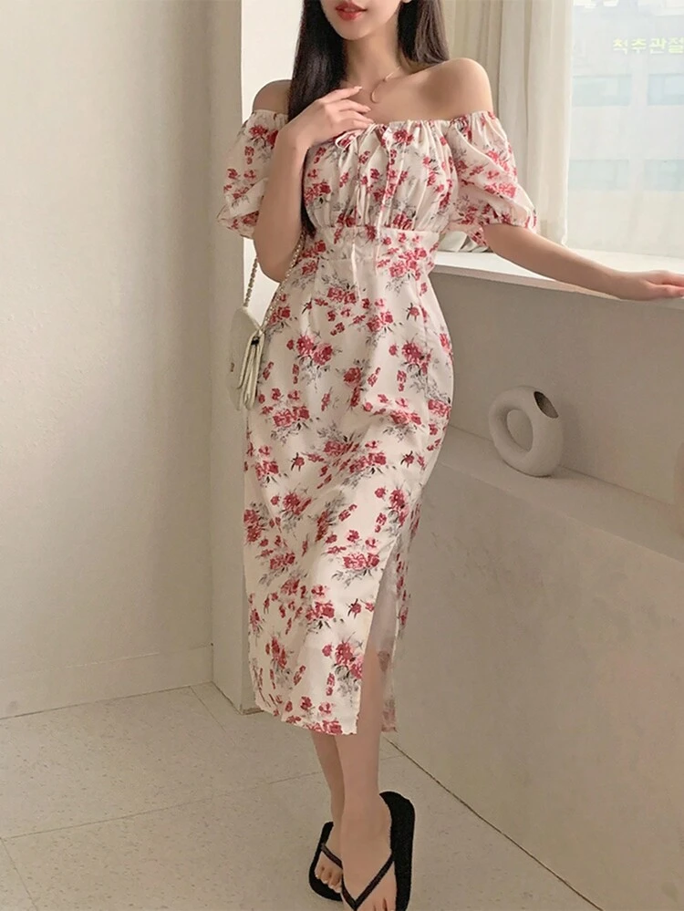 Women's Floral Puff Sleeve Slit Waist Mid-Length Dress Summer,Milkmaid Dress Sundress Vacation Outfits Women Easter Maxi Dress Boho