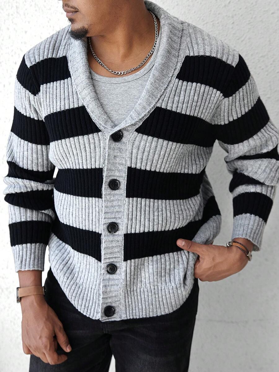 Manfinity Homme Men's Stripe Pattern Simple Fashion Casual Rib Cardigan, Suitable For Daily Wear - Multicolor - View 1
