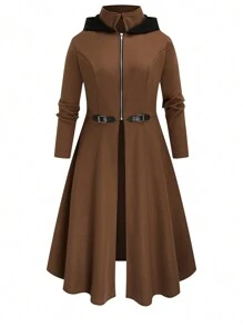 SHEIN Clasi 大码时尚简约休闲喇叭长款外套，V 领修身连帽大衣，女士秋冬款 - 棕色 - 查看 1