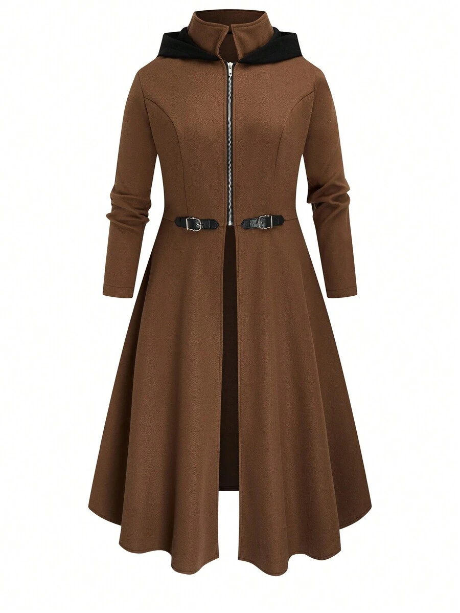 SHEIN Clasi 大码时尚简约休闲喇叭长款外套，V 领修身连帽大衣，女士秋冬款 - 棕色 - 查看 1