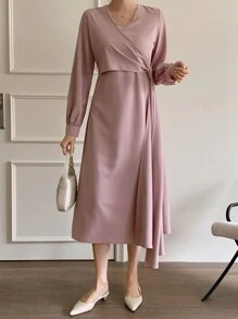 DAZY Retro Elegant Women's Asymmetric Dress,Fall Dress Long Sleeve Dress Maxi Dress - Mauve Purple - View 2
