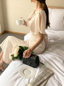 DAZY Vestido elegante de manga corta con cuello de volantes y cola de pez para mujeres