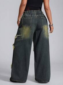 SHEIN ICON 女士大码休闲深蓝色直筒牛仔裤 - 深色水洗藍 - 查看 2