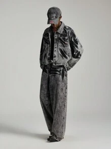 NEON BLANC 男士街头时尚黑色短款编织长袖牛仔衬衫