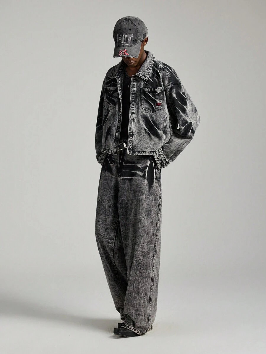 NEON BLANC 男士街头时尚黑色短款编织长袖牛仔衬衫