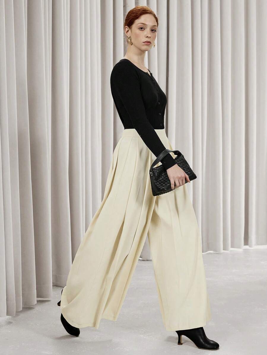 SHEIN Privé Women's Long Pants With Pleated Design, Suitable For Commuting And Dating, Spring Valentine's Day Fall Cloth For Women - Beige - View 1