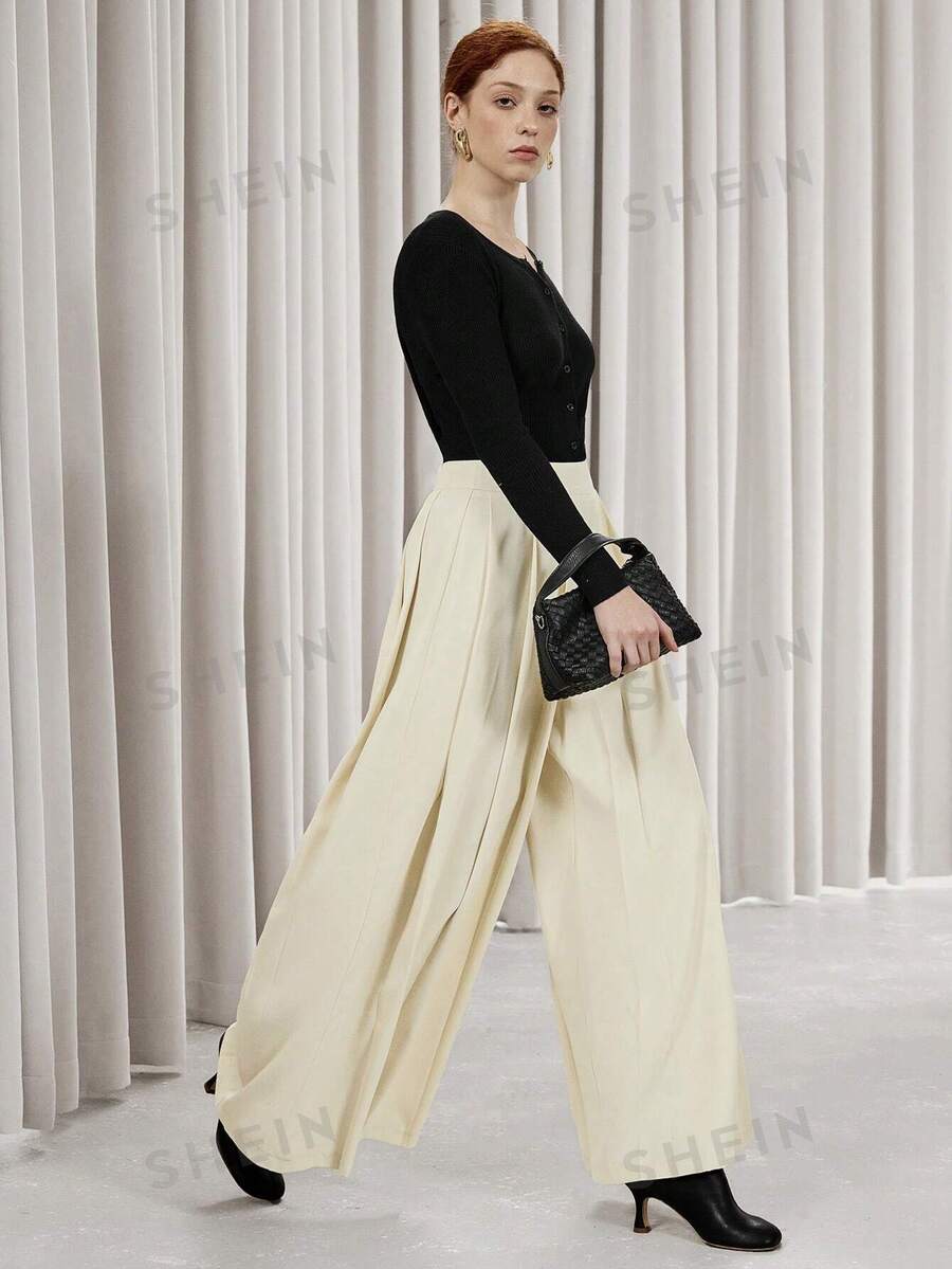 SHEIN Privé Pantalones largos de mujer con diseño plisado, adecuados para ir al trabajo y para citas, primavera Día de San Valentín