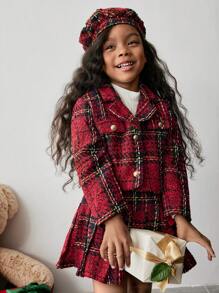 Maija Kids Maija Kids 3 pièces Ensemble jeune fille veste en tweed épaisse, jupe plissée et chapeau, décontracté - Rouge - Voir 6