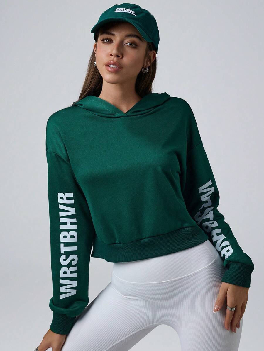 SHEIN Unity 女士字母印花连帽短款卫衣，秋季休闲套头衫 - 綠色 - 查看 1