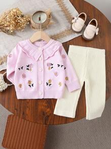 SHEIN Baby Girls Sweater 2 Pieces Set, Cute And Elegant Ruffled Collar Cardigan Tops And Flared Pants Knit Suit, Autumn/Winter - Mauve Purple - View 1