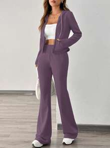 Chiquease Stylish Casual Sports Outfit For Women, 2pcs Set Fashion Hoodie Sweatshirt Jacket And Wide Leg Pants, Autumn