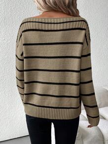 SHEIN Clasi Women Plus Size Casual Striped Asymmetric Neck Drop Shoulder Long Sleeve Knit Sweater, Autumn/Winter