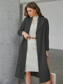 EURMUSE Women's Casual Solid Color Lapel Neck Long Sleeve Long Jacket For Winter - Dark Grey - View 4