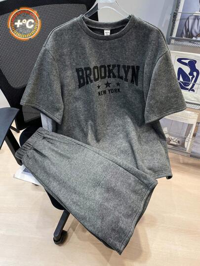 SHEIN Leap Crew 2 件套青少年男孩休闲街头装雪花 T 恤和纯色松紧腰短裤套装，适合返校、生日、婴儿洗礼、节日派对；适合春季，适合春夏外出，春季