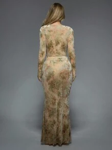 MISSGUIDED Long Sleeve Devore Velvet Maxi Dress Cowl Neck Form Fitting Gown Holiday Party Special Occasion Red Carpet Fashion Ruched Detail Metallic Shine Evening Wear Floor Length - Yellow - View 2