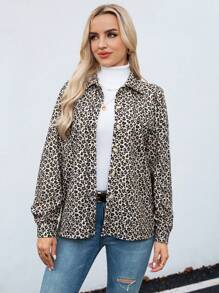 SHEIN LUNE 1pc Women Leopard Print Casual Long Sleeve Single-Breasted Regular Jacket, Autumn  Jacket Women Barn Jacket - Multicolor - View 5