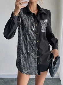 Chiquease 女装派对性感休闲通勤亮片拼布拼接前扣木扣口袋长袖休闲宽松新品春夏秋冬四季可穿衬衫 - 黑色 - 查看 5