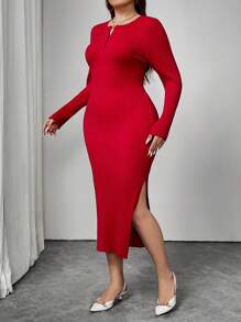 SHEIN Unity Plus Size Women's Split Hem Bodycon Sweater Dress For New Year Clothes - Red - View 1