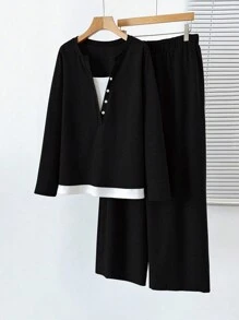 SHEIN LUNE Plus Size Women Autumn Long Sleeve Contrast Color Top & Wide Leg Pants Casual 2Pcs Sets Fall Cloth For Women