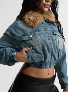 SHEIN ICON Women Detachable Fluffy Collar Elasticized Detail Padded Denim Jacket - Blue - View 1