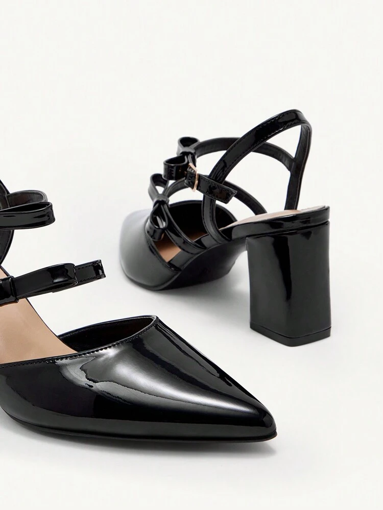 CUCCOO CHICEST Elegant Bowknot Dual Straps Pointed Toe Chunky Heel High Heels, Glossy PU Leather Women's Backless Pumps For Work, Dating, Versatile Valentines