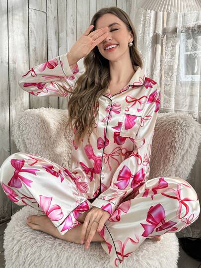 Conjunto de pijama de top de manga larga con lazo decorativo y pantalones de seda sintética, ropa de otoño e invierno