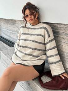 INAWLY 大码女式休闲条纹落肩宽松套头毛衣，适合冬季秋季穿着 - 彩色 - 查看 3