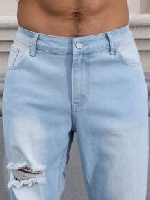 Manfinity LEGND Plus Size Men's Casual Washed Distressed Tapered Jeans - Light Wash - View 6