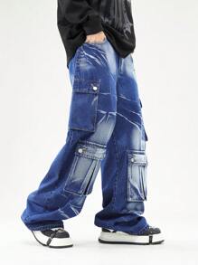 ROMWE MEN Street Life Men's Casual Multi-Pocket Relaxed Fit Jeans - Blue - View 4