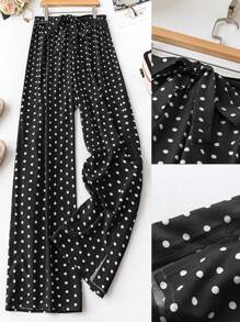 SHEIN LUNE Plus Size Women Polka Dot Print Knotted Waist Loose Straight Leg Pants