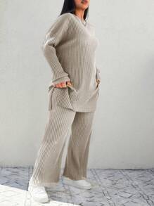 EURMUSE Plus Drop Shoulder Split Hem Tee & Wide Leg Pants - Beige - View 3